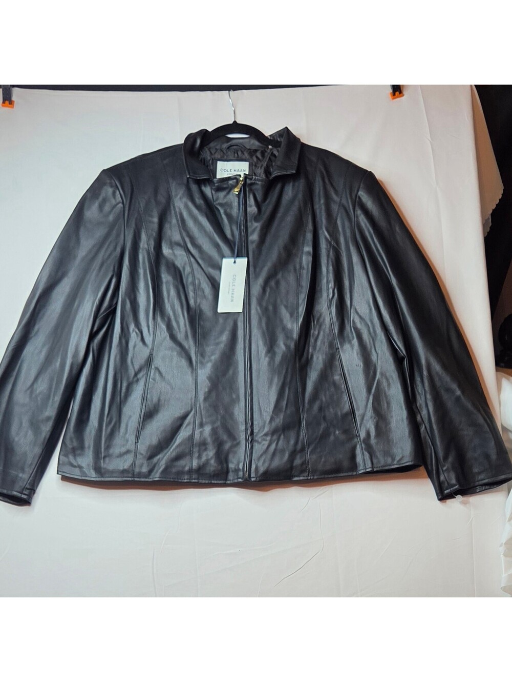 NWT Cole Haan Black Faux Leather Jacket Womens 3X Collared Zip Up Blazer